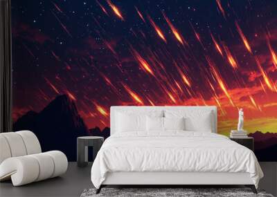 A beautiful night sky with a mountain range in the background. The sky is filled with shooting stars Wall mural