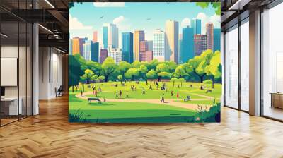 A city park with a large crowd of people enjoying the outdoors Wall mural