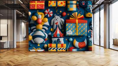 A colorful and festive scene with many different items, including a teddy bear Wall mural