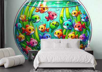 A glass fishbowl with a bunch of fish in it Wall mural