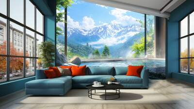 A mountain range is visible in the background of a hot tub. The scene is serene and peaceful, with the mountains providing a beautiful backdrop for the relaxing atmosphere of the hot tub Wall mural