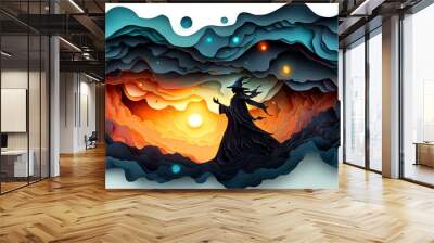 A paper cutout of a witch with a wand and a sun in the background. Scene is mysterious and magical Wall mural