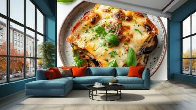 A plate of lasagna with a side of fresh basil Wall mural