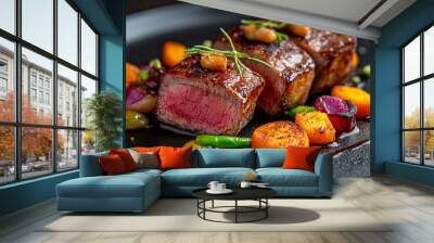 A plate of meat and vegetables with a sauce on top. The meat is cut into pieces and the vegetables are arranged around it. The plate is black and the food is brown Wall mural