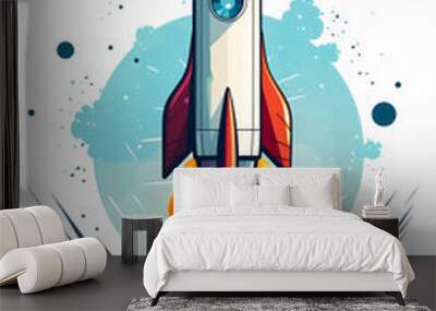 A rocket is launching into space with a bright orange flame trailing it Wall mural