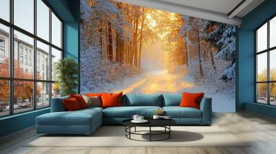 A snow covered forest with a path through it Wall mural