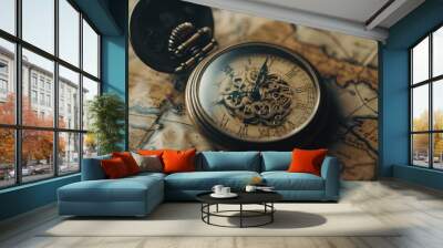 Antique Pocket Watch on Vintage Map, Time Travel Concept, Close-up, Detail, Mechanism Wall mural