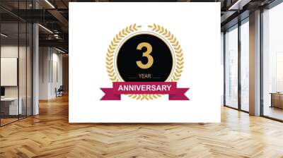 3th Anniversary Celebration. Anniversary logo design with golden color laurel wreath for birthday celebration event, invitation, greeting card, banner, poster, flyer, flyer. Wall mural