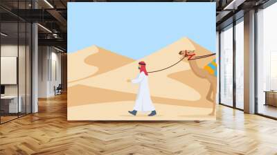 Two guy riding and walking their camel trough desert Wall mural