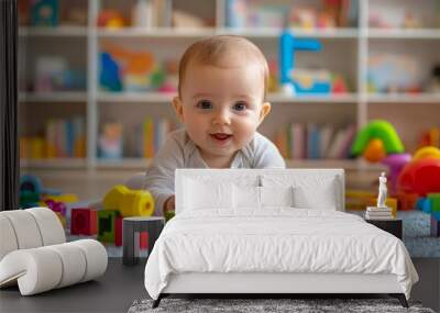 A baby playing with colorful wooden blocks on a soft mat Wall mural