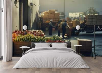 A delivery truck unloading crates of fresh produce at a grocery store's loading dock Wall mural