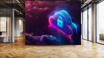 Abstract illustration of cloud security services with a secure padlock symbol, representing data protection and cybersecurity in cloud computing. Wall mural