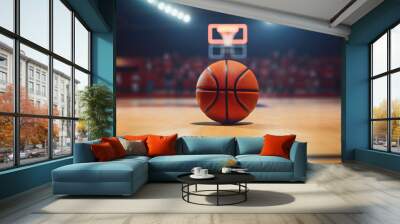 Basketball game sport arena stadium court on spotlight with basket ball on floor Wall mural