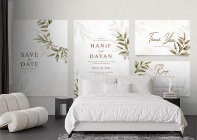 Elegant wedding invitation set with decoration green leaves watercolor Wall mural