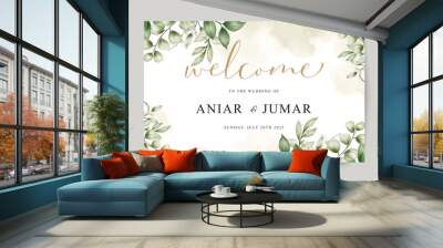 Elegant wedding welcome sign with beautiful watercolor leaves Wall mural