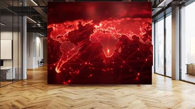 Explore the red world map adorned with a captivating glow of the global network light.	 Wall mural