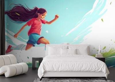 football or soccer player girl running fast and kicking a ball while training and playing a match, dynamic active pose of kids and children success in sports championship in cartoon style wide banner Wall mural