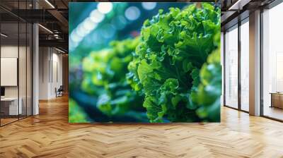 Hydroponic farm with rows of leafy greens under artificial lights Wall mural