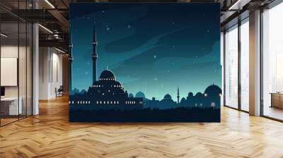 Islamic background, ramadan. Mosque silhouette in bright night sky with moon and star Wall mural