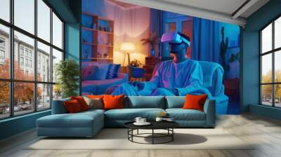 Man wearing VR glasses in a futuristic living room. Soft blue light. High-tech gadgets and modern decor in the background. Wall mural