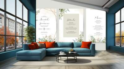 Set of elegant template wedding invitations with watercolor foliage decoration Wall mural