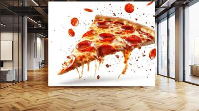 Template with delicious tasty slice of pepperoni pizza flying on white background. Generative AI Wall mural