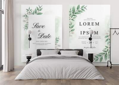 Two sided wedding invitation with green leaves and watercolor flowers Wall mural