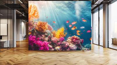 Vibrant Underwater Coral Reef with Colorful Fish, Sunlight Rays through Clear Ocean Water Wall mural