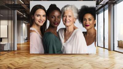 Women of different races, ages, and body types are shown in a group, having fun against isolated on white background Wall mural