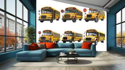 Yellow school bus set with different models isolated on transparent background Wall mural