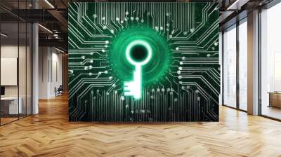 A digital key symbol on a circuit background, representing cybersecurity and data protection in a modern tech context Wall mural