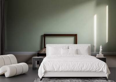 A minimalistic room featuring a simple wooden bed and soft green walls, evoking tranquility and calmness Wall mural