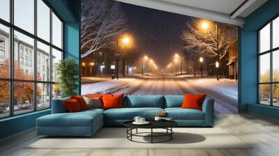 Urban street scene enveloped in snow at night, highlighted by soft streetlights, creating a peaceful winter atmosphere Wall mural