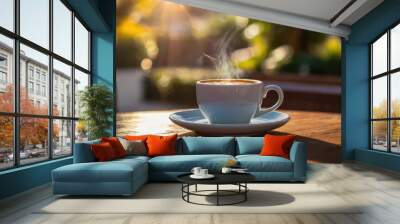 White cup of coffee on a sunlit patio table with a warm, inviting atmosphere Wall mural