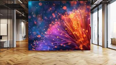 Burst of bright colors from fiber optic tips against a dark background. Wall mural