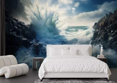 Endless Ocean Waves Crashing onto a Rugged Coastal Cliff. Wall mural