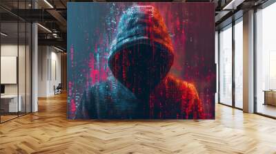 Mysterious hooded figure in a digital art style portrait with neon lights Wall mural