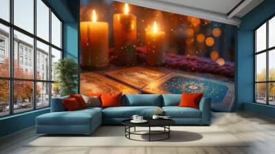 Tarot cards laid out on a richly decorated table with flickering candle flames casting soft reflections on a dark evening Wall mural