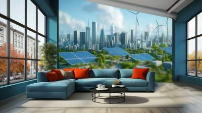 A modern city powered by solar panels and wind turbines, showcasing sustainable financial infrastructure selective focus, renewable economy, vibrant, fusion, urban area Wall mural