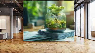 A thriving ecosystem within a glass jar, placed on a stack of financial reports, symbolizing sustainable business practices focus on, eco-business, whimsical, overlay, office desk Wall mural