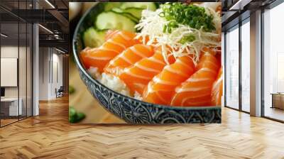 A vibrant seafood donburi bowl featuring fresh salmon sashimi, ikura, and shredded nori over rice, closeup, Japanese dining Wall mural