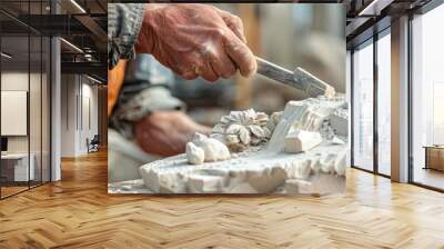 Artist chiseling a sculpture with breakthrough techniques, close up, theme ingenuity, dynamic, composite, outdoor workshop backdrop Wall mural