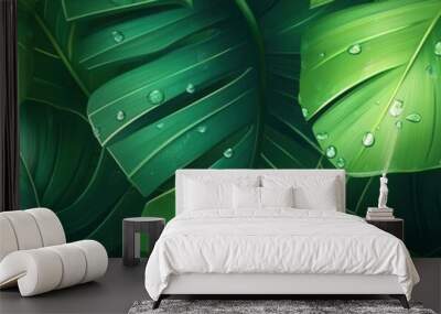 banana leaf pattern with fresh water droplets, tropical background flat design, front view, summer paradise, animation style, vivid colors Wall mural