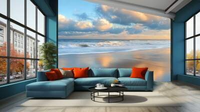 Breeze stirring light waves on a quiet beach, soft clouds drifting in the sky, the warmth of the sun mixing with the cool ocean air, a relaxing weather moment Wall mural