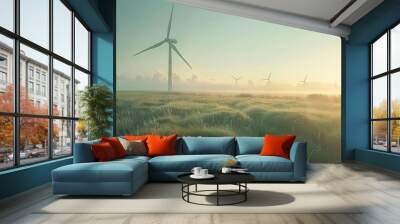 Clean power technology, modern wind turbines, selective focus, sustainable energy, dynamic, Blend mode, open fields, copy space for text Wall mural