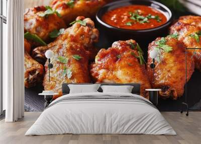 Close-up of crispy chicken wings on a dark slate plate, garnished with herbs and served with a spicy dip, crispy fried chicken wings, comfort snack, elevated presentation Wall mural