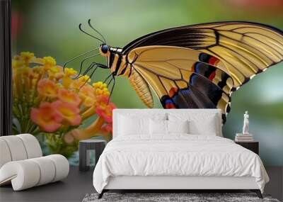 Elegant butterfly pollinating a vibrant flower in mid-flight, capturing the delicate balance of nature s ecosystem Wall mural