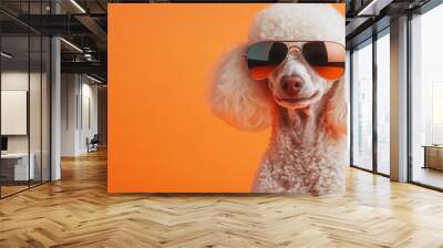 Elegant white poodle sitting in mirrored aviator sunglasses, pastel orange background, cool and classy pet portrait Wall mural