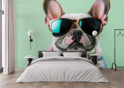 French bulldog in a tie-dye shirt, mirrored sunglasses, and a satin ribbon, pastel green background, vibrant and cool dog portrait Wall mural