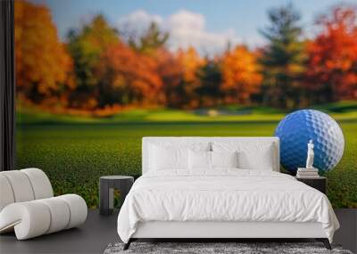 Golf ball on the green of a picturesque autumn course, capturing the tranquility of fall sports, golf course autumn Wall mural